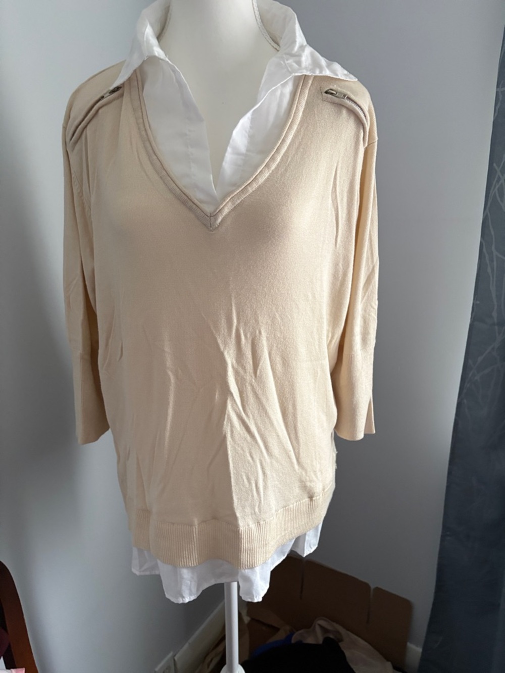 Light Cream Layered V-Neck Sweater with Shirt Detail